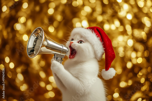 White Kitten in Santa Hat Yelling into Megaphone, Festive Christmas Scene photo