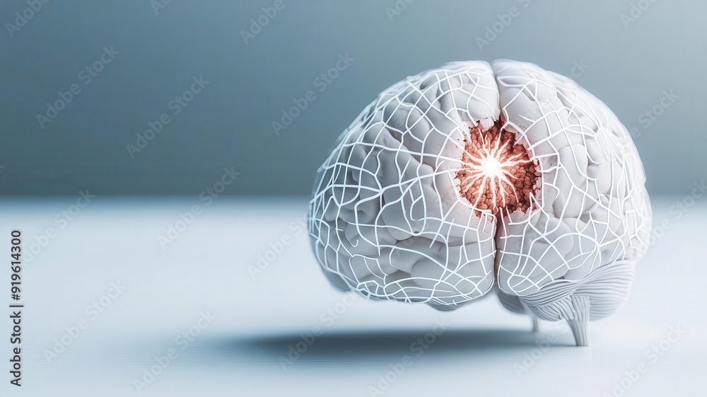 3D model of a brain with one hemisphere showing stroke damage, neurology, stroke impact visualization 3D model of a brain with one hemisphere showing stroke damage, neurology, stroke impact visualization