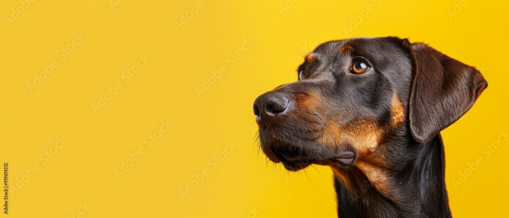 A tight shot of a dog's head against a yellow backdrop, featuring distinct black and brown shades A tight shot of a dog's head against a yellow backdrop, featuring distinct black and brown shades