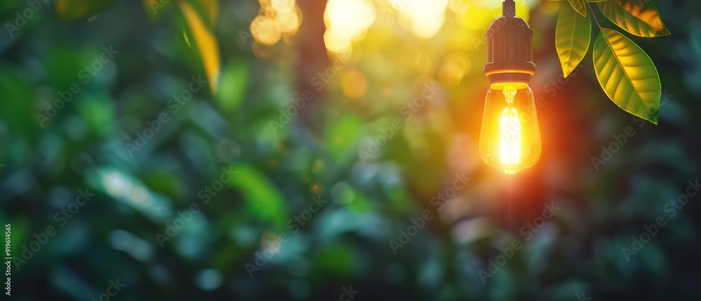 A light bulb dangling from a tree in a sunlit forest - sun rays filtering through foliage A light bulb dangling from a tree in a sunlit forest - sun rays filtering through foliage