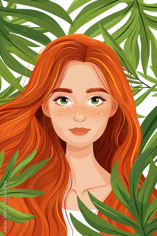 Beautiful redhead woman with freckles is posing with tropical leaves illustration Beautiful redhead woman with freckles is posing with tropical leaves illustration