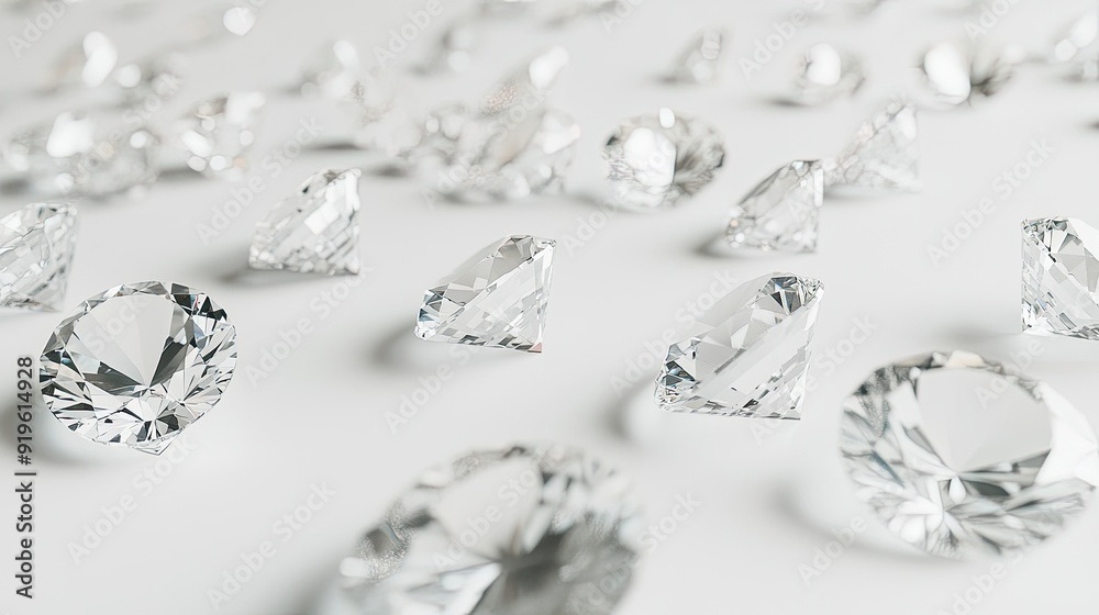 An array of loose diamonds scattered on a white background, showcasing their different cuts and the enchanting sparkle that makes them precious. An array of loose diamonds scattered on a white background, showcasing their different cuts and the enchanting sparkle that makes them precious.