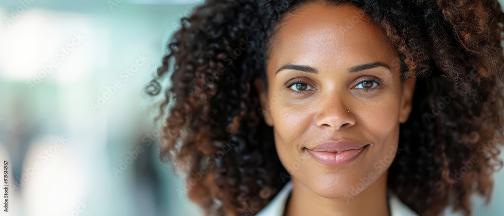A tight shot of a woman in a white shirt and black tie, her curly hair framing a smiling face A tight shot of a woman in a white shirt and black tie, her curly hair framing a smiling face