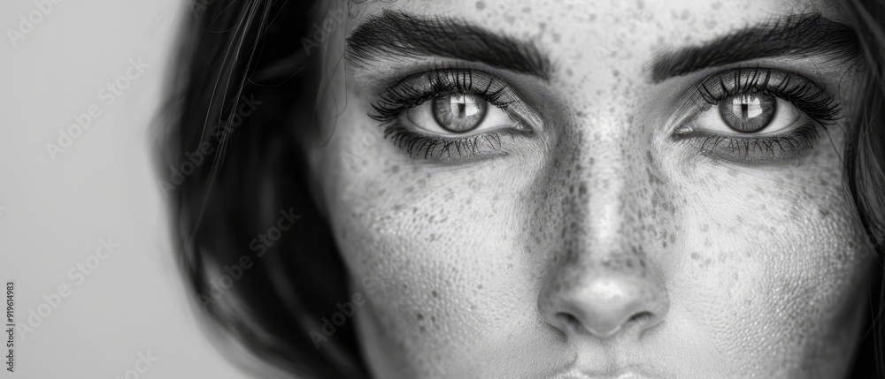 A monochrome image of a woman's face with freckles on her hair and eyes A monochrome image of a woman's face with freckles on her hair and eyes