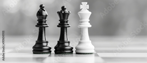  A black-and-white chess set atop a white-and-black checked board A single white pawn stands beside it