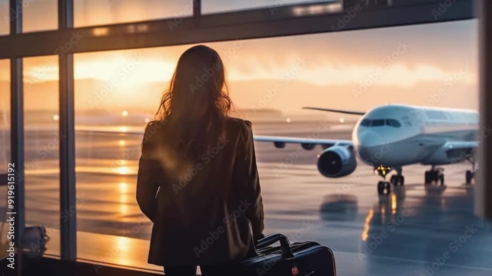 Beautiful girl with luggage in hall airport of lounge area looking out runway airplane in sunset. Back view of young woman standing near airport window waiting for flight. Tourism travel concept.