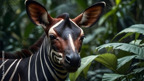 close up of a okapi. A fascinating okapi roaming in the Congo jungle