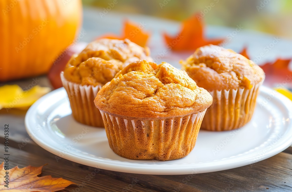 Delicious pumpkin muffins sitting on white plate with autumn decorations Delicious pumpkin muffins sitting on white plate with autumn decorations