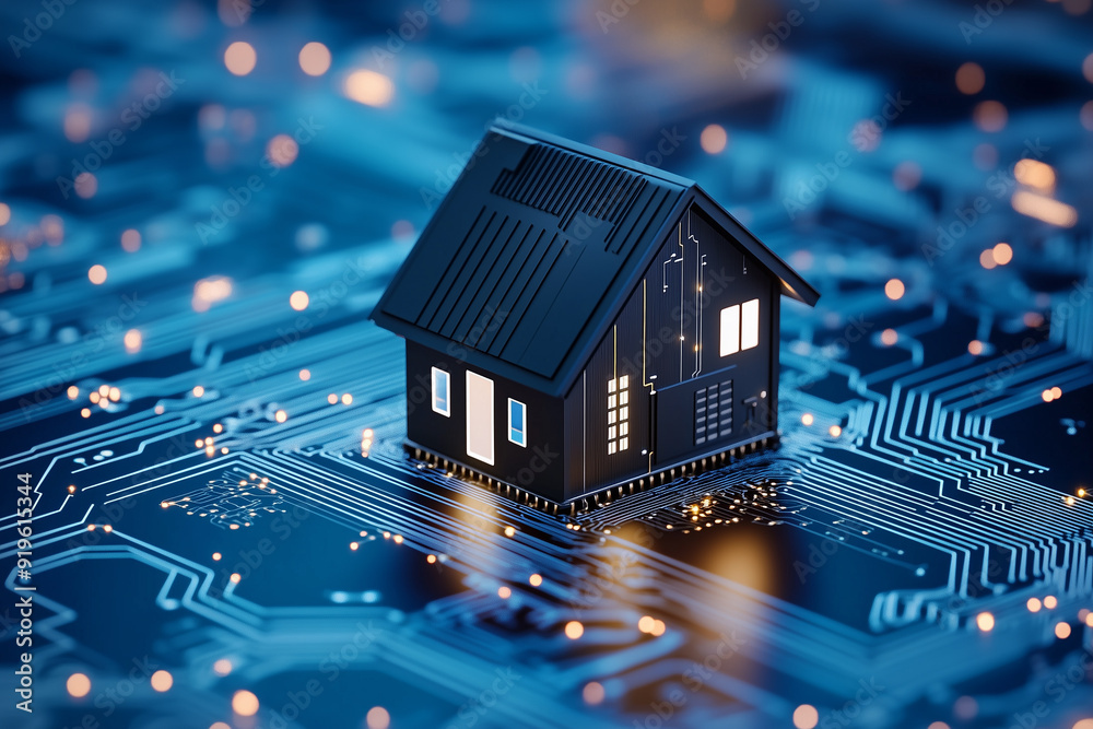 A small house made of black plastic stands on an electronic circuit board , creating the concept of smart homes and home security systems. A small house made of black plastic stands on an electronic circuit board , creating the concept of smart homes and home security systems.