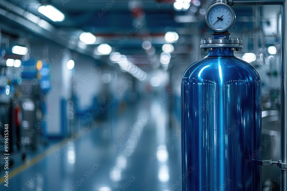 A close-up of a blue gas cylinder in an industrial setting, showcasing a clean and modern atmosphere in a facility. A close-up of a blue gas cylinder in an industrial setting, showcasing a clean and modern atmosphere in a facility.