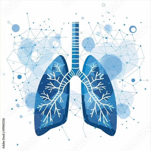 Human lung shape with virus inside on bright white background, minimalistic, blue, white on white background.