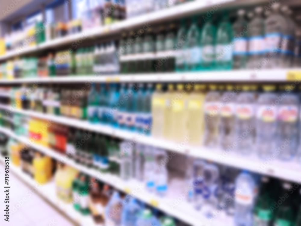Fototapeta premium Abstract blur top supermarket is one of largest players of retail industry. Defocused shelves with products, bottles of water. Food. Mart. Aisle. Grocery store. Discount. Inflation concept. CPG.