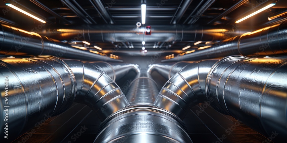 A close-up view of large, silver penstock pipes in an industrial setting A close-up view of large, silver penstock pipes in an industrial setting