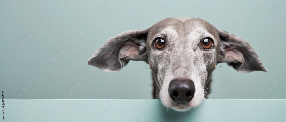 A tight shot of a dog's face emerging from behind a blue plexiglass sheet A tight shot of a dog's face emerging from behind a blue plexiglass sheet