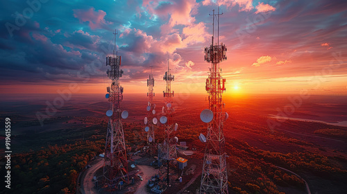 A cluster of telecommunication towers stands tall on a hilltop, set against a vivid sunset sky filled with colorful clouds