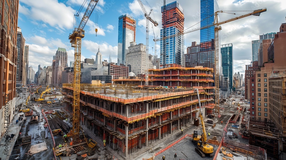 Fototapeta premium busy construction site with cranes lifting materials and workers