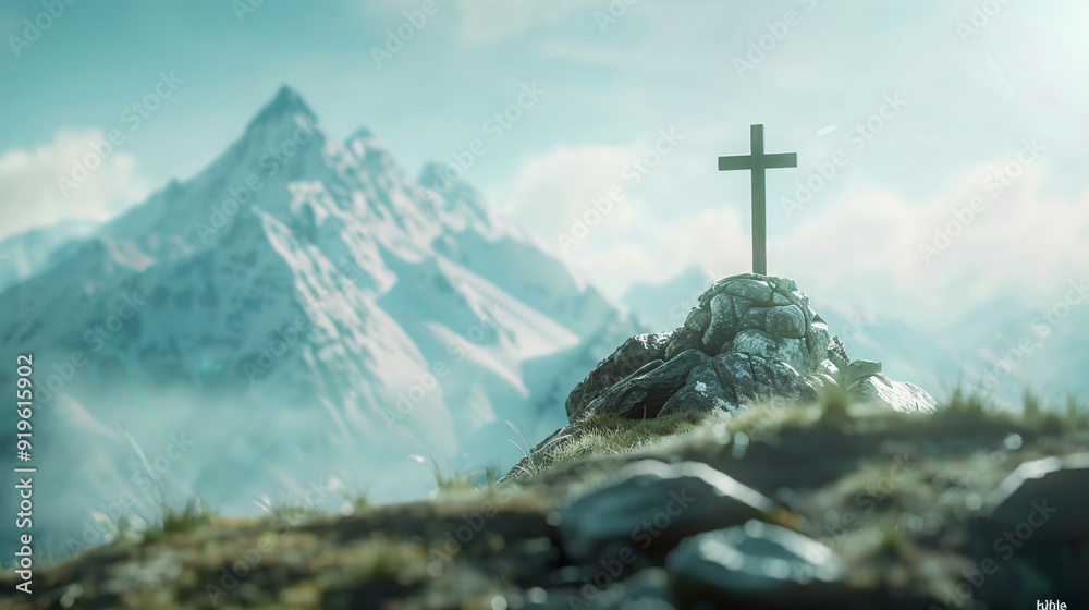 Wooden cross stands atop a mountain with snowy peaks in the background, inspiring faith and highlighting the beauty of nature Wooden cross stands atop a mountain with snowy peaks in the background, inspiring faith and highlighting the beauty of nature