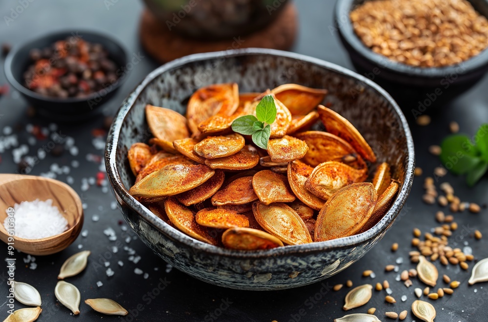 Bowl filled with roasted and salted pumpkin seeds on dark stone background Bowl filled with roasted and salted pumpkin seeds on dark stone background