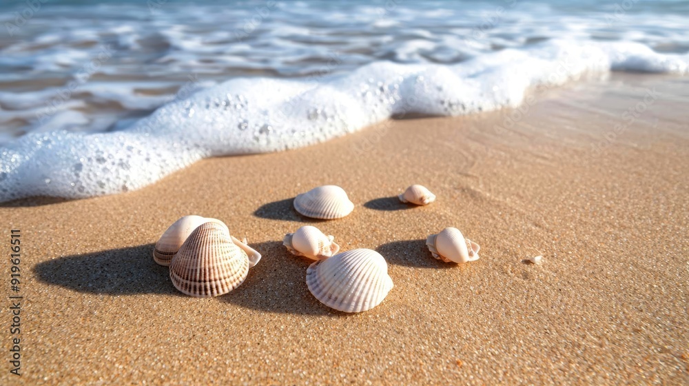 A serene beach scene with seashells scattered on the sand and gentle waves lapping the shore A serene beach scene with seashells scattered on the sand and gentle waves lapping the shore