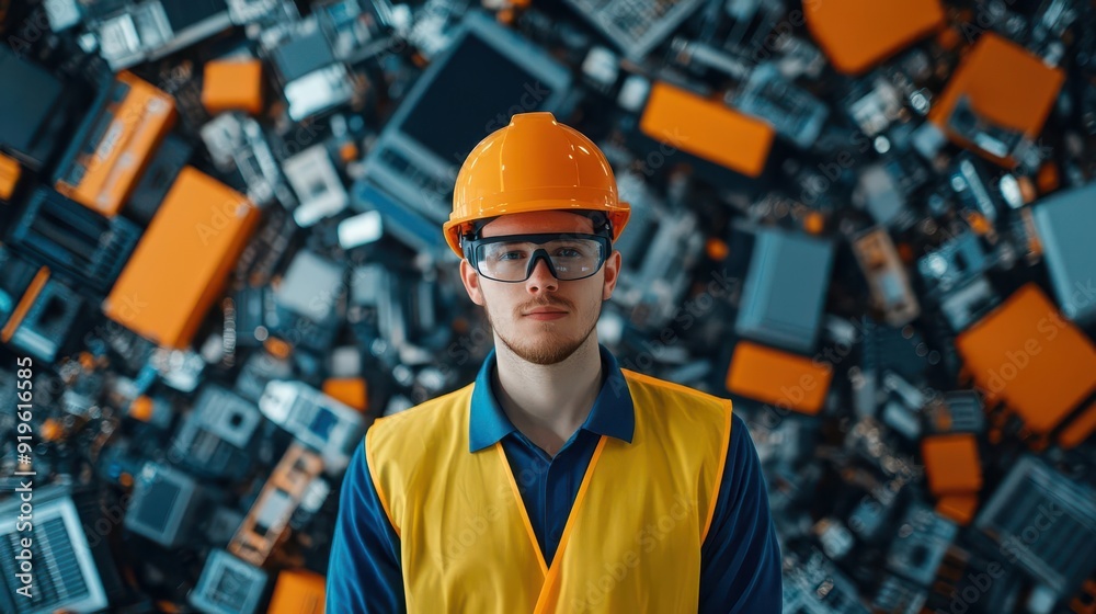 A focused worker stands proudly in a safety helmet, ready for action amidst a backdrop of technology waste materials. A focused worker stands proudly in a safety helmet, ready for action amidst a backdrop of technology waste materials.