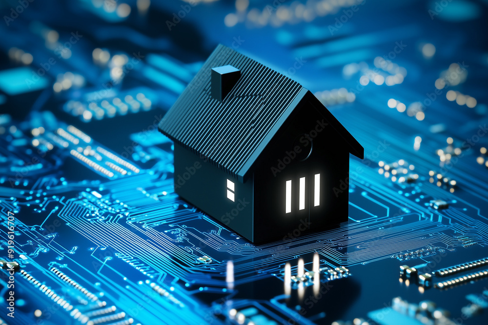 A small house made of black plastic stands on an electronic circuit board , creating the concept of smart homes and home security systems. A small house made of black plastic stands on an electronic circuit board , creating the concept of smart homes and home security systems.