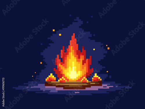 Pixel art campfire. Red bonfire, fire wood burning with big flame and sparks on dark night background. 8 bit pixel video game style vector isolated set

