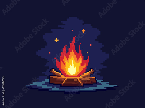 Pixel art campfire. Red bonfire, fire wood burning with big flame and sparks on dark night background. 8 bit pixel video game style vector isolated set
