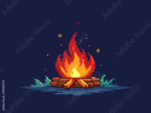 Pixel art campfire. Red bonfire, fire wood burning with big flame and sparks on dark night background. 8 bit pixel video game style vector isolated set
