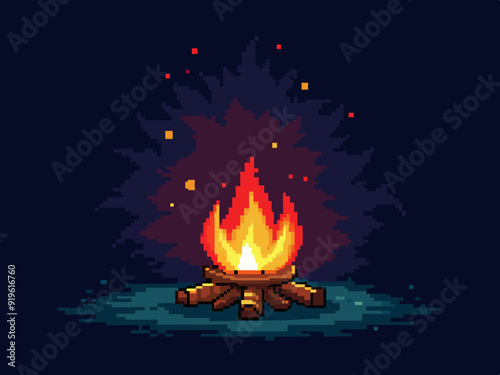 Pixel art campfire. Red bonfire, fire wood burning with big flame and sparks on dark night background. 8 bit pixel video game style vector isolated set
