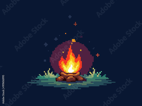 Pixel art campfire. Red bonfire, fire wood burning with big flame and sparks on dark night background. 8 bit pixel video game style vector isolated set
