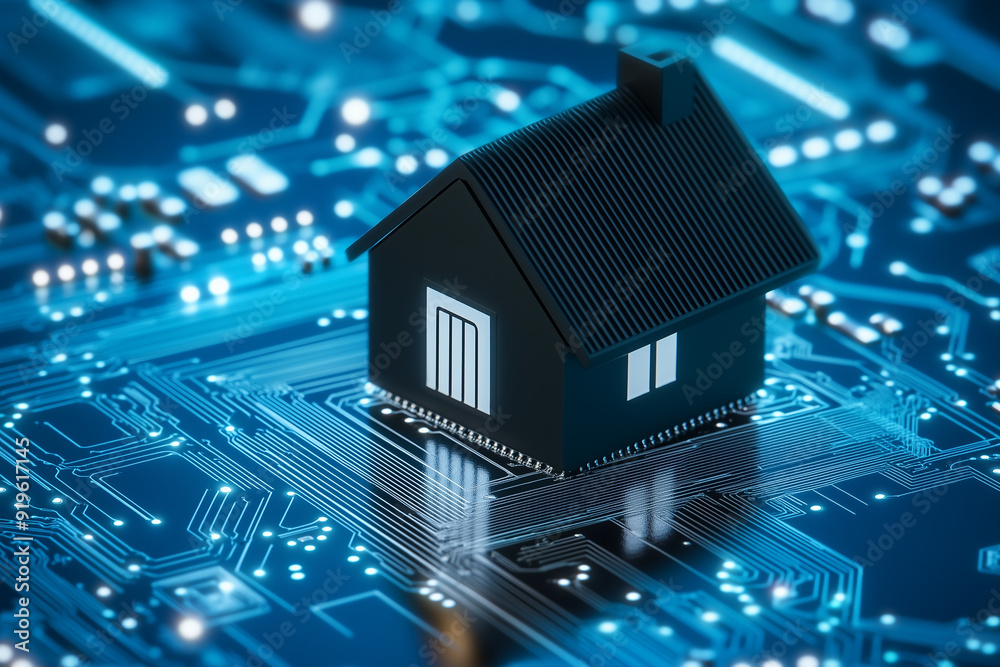 A small house made of black plastic stands on an electronic circuit board , creating the concept of smart homes and home security systems. A small house made of black plastic stands on an electronic circuit board , creating the concept of smart homes and home security systems.
