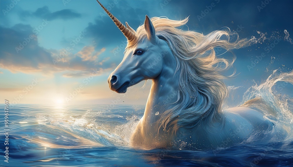 Water Unicorn- A unicorn emerging from the ocean or a lake, with a mane that flows like water, symbolizing purity and tranquility. Water Unicorn- A unicorn emerging from the ocean or a lake, with a mane that flows like water, symbolizing purity and tranquility.