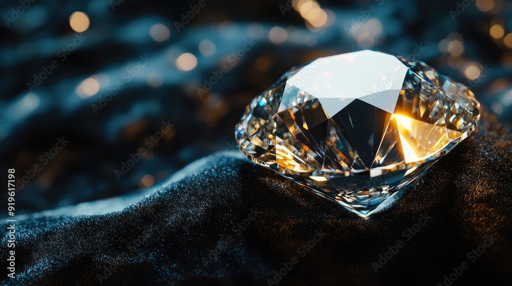 Close-up of a diamond with light reflecting off its facets, creating a mesmerizing sparkle on a black velvet background, symbolizing luxury and elegance. Close-up of a diamond with light reflecting off its facets, creating a mesmerizing sparkle on a black velvet background, symbolizing luxury and elegance.