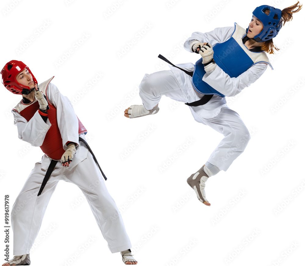 Athletic, motivated young women, taekwondo athletes in motion, practicing, training isolated on transparent background. Concept of sport, education, skills, combat sport, martial arts Athletic, motivated young women, taekwondo athletes in motion, practicing, training isolated on transparent background. Concept of sport, education, skills, combat sport, martial arts