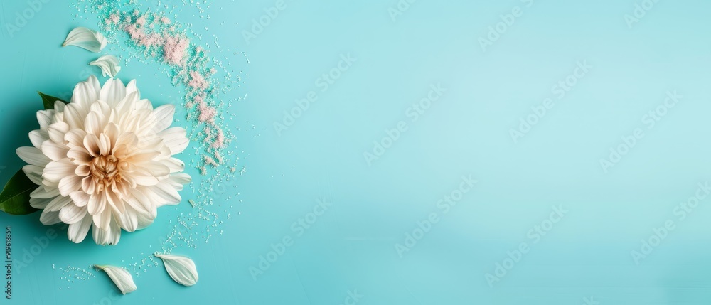 A white flower atop a table, surrounded by confetti scattered around A white flower atop a table, surrounded by confetti scattered around