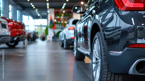 Wallpaper Mural A row of new cars displayed inside a modern dealership showroom, showcasing various models and the polished vehicles for sale. Torontodigital.ca