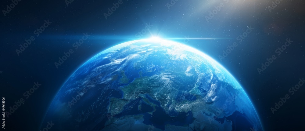 Fototapeta premium A perspective of Earth from space, Sun casting light over its summit