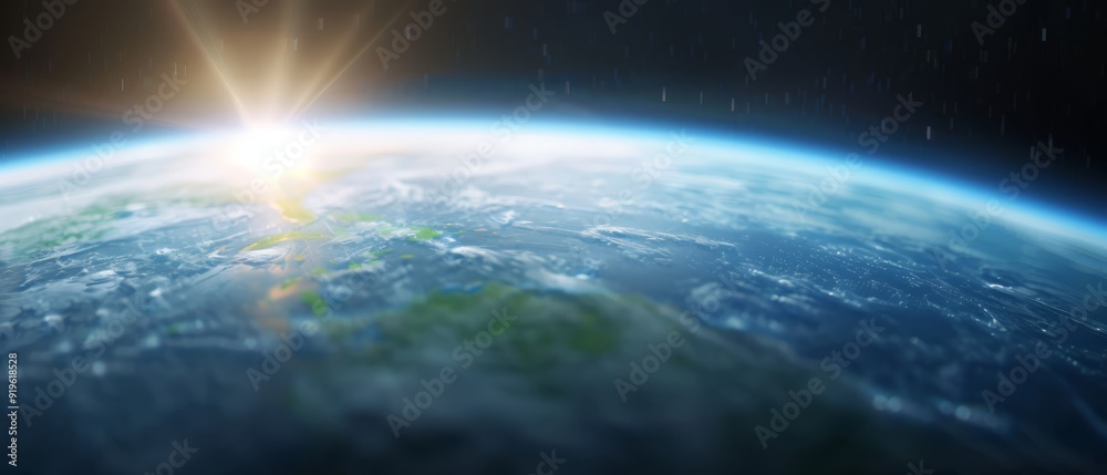 Fototapeta premium A perspective of Earth from space, sun passing through cloud cover, Earth at the foresight