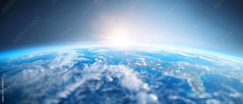 Fototapeta premium A perspective of Earth from space, sun glowing above cloud cover, Earth in foreground
