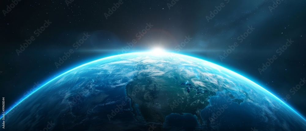 Fototapeta premium A perspective of Earth from space, Sun casting light above its horizon
