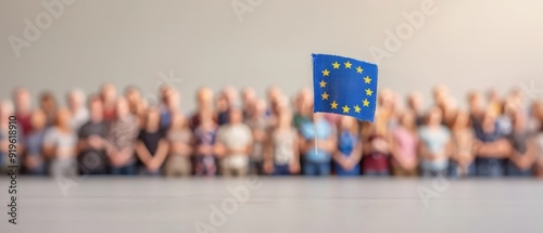 Wallpaper Mural  A group of people stand near each other with a small flag in the center of the room Torontodigital.ca