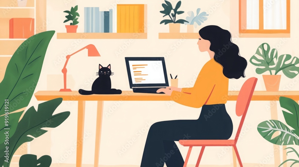 Creative Abode: A Stylish Home Workspace Where a Woman Works Comfortably with Her Feline Companion Creative Abode: A Stylish Home Workspace Where a Woman Works Comfortably with Her Feline Companion