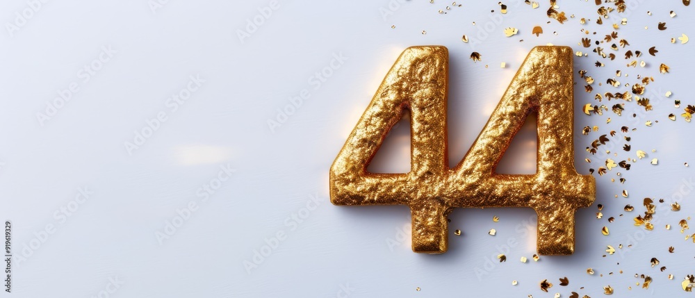 A golden 4 on a white surface, confettis sprinkled at its base A golden 4 on a white surface, confettis sprinkled at its base
