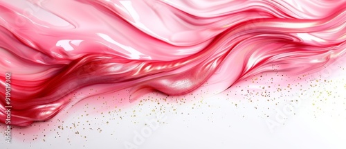  A tight shot of a pink liquid speckled with gold flecks against a pristine white backdrop, framed by a gentle pink hue