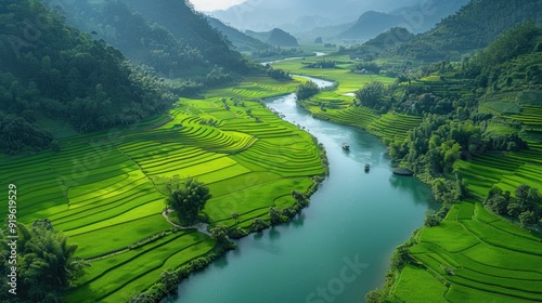 Serene River Winding Through Lush Green Rice Terraces