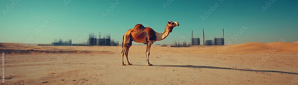 Camel in the Desert with Construction in the Background Photo Camel in the Desert with Construction in the Background Photo