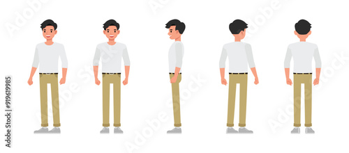 Man front, side and back view wear white shirt character vector illustration cartoon design set.