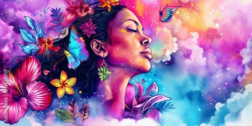 Polynesian Hawaiian woman vibrant surreal dreamscape illustration celebrating Asian American and Pacific Islander Heritage Month, AAPI, cultural pride