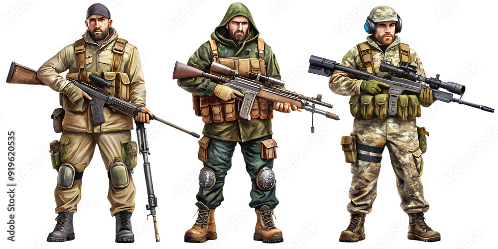Fototapeta premium snipers Fictional Person isolated on white background. AI GENERATED