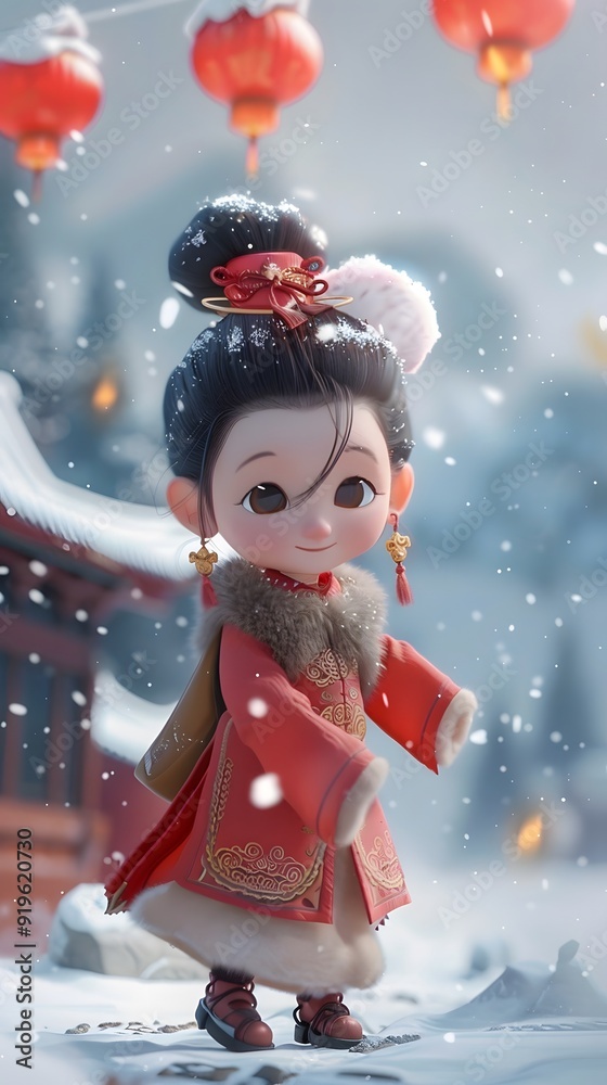 An elegant Asian woman in Hanfu, standing amidst a snowy landscape with towering snow-capped mountains, celebrates the Chinese New Year and Spring Festival. This 3D illustration captures the essence o An elegant Asian woman in Hanfu, standing amidst a snowy landscape with towering snow-capped mountains, celebrates the Chinese New Year and Spring Festival. This 3D illustration captures the essence o